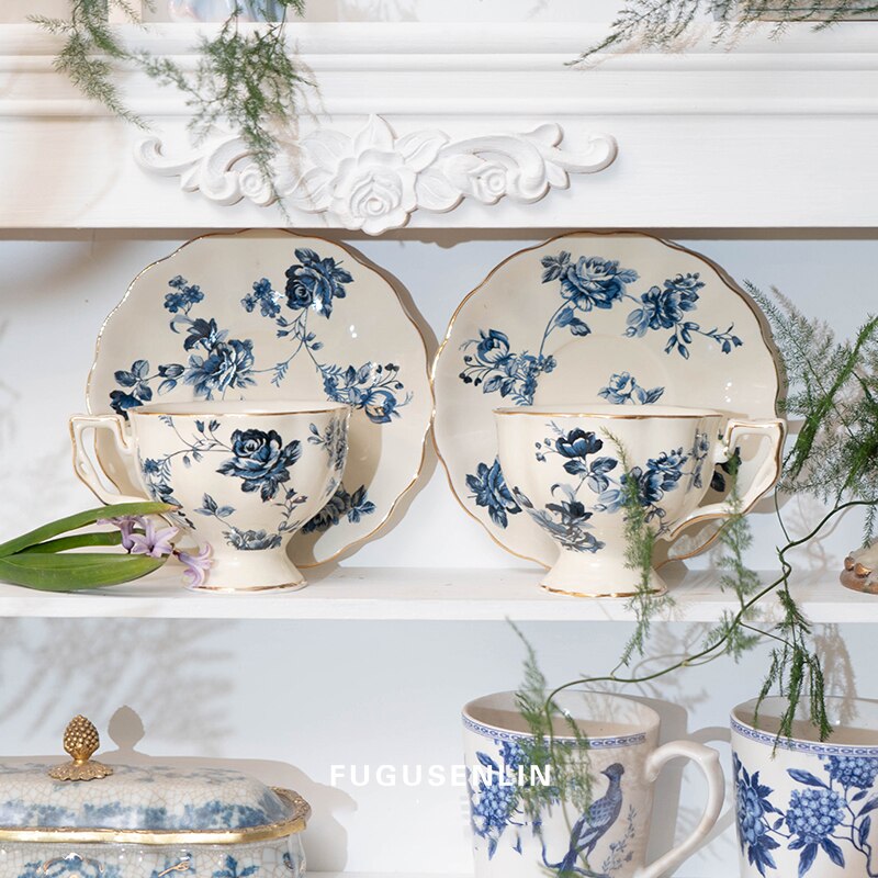 Vintage Blue Teapot Tea Cup Set Rose Ceramic English Country Coffee Cup Saucer Pot Classical Home Kitchen Dessert Cake Plate