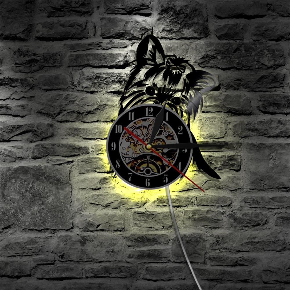 Yorkie Portrait Artist Dog Wall Clock Pet Shop Wall Art Vinyl Record Clock with LED Night Light Yorkshire Terrier Dog Breed: With LED Light
