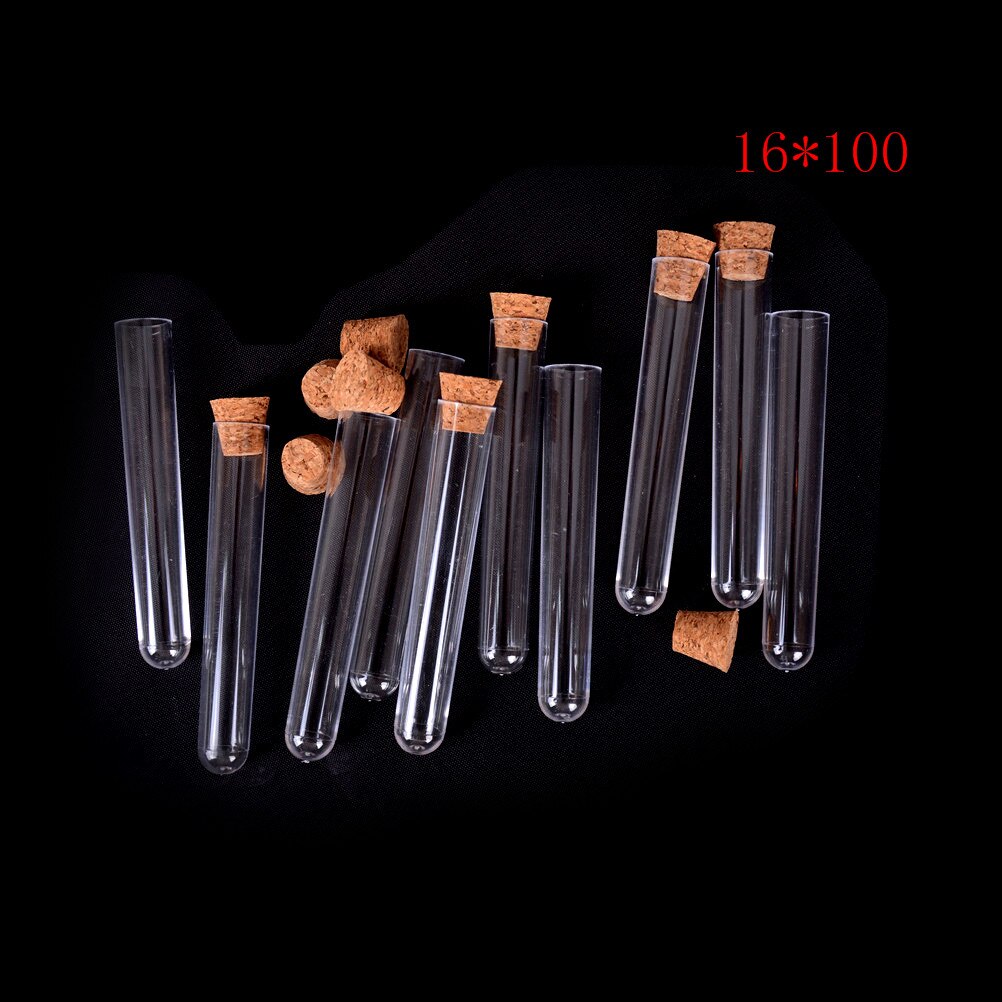 10 pièces 16*100mm mariage faveur Tube en plastique Tube à essai avec liège clair comme le verre