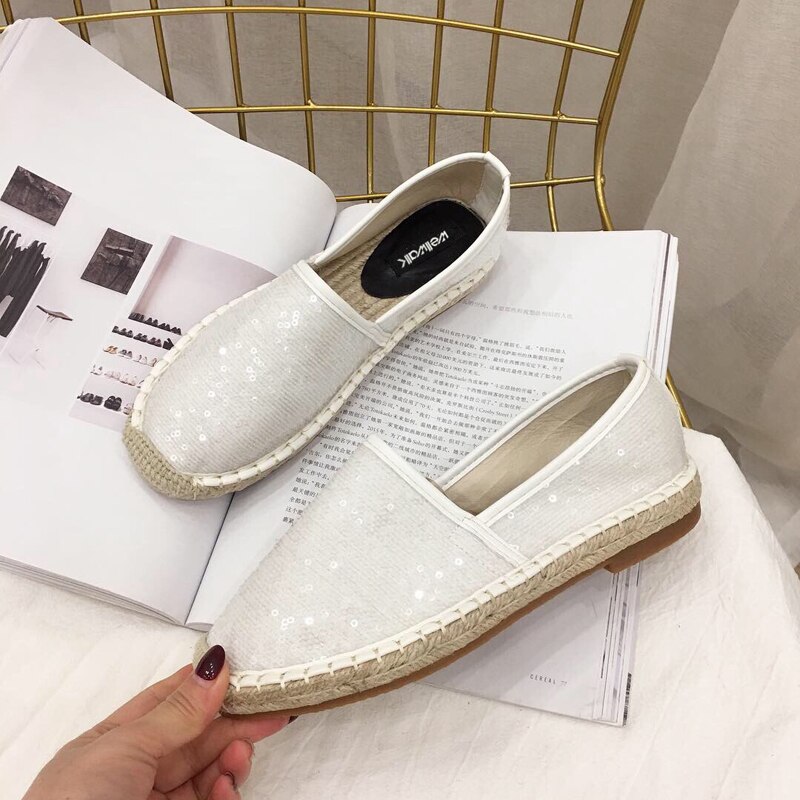 Alpargatas con lentejuelas, mocasines de cáñamo para mujeres, costura concisa, Slip On, punta redonda, mocasines de para mujeres, estilo Casual, Color sólido,