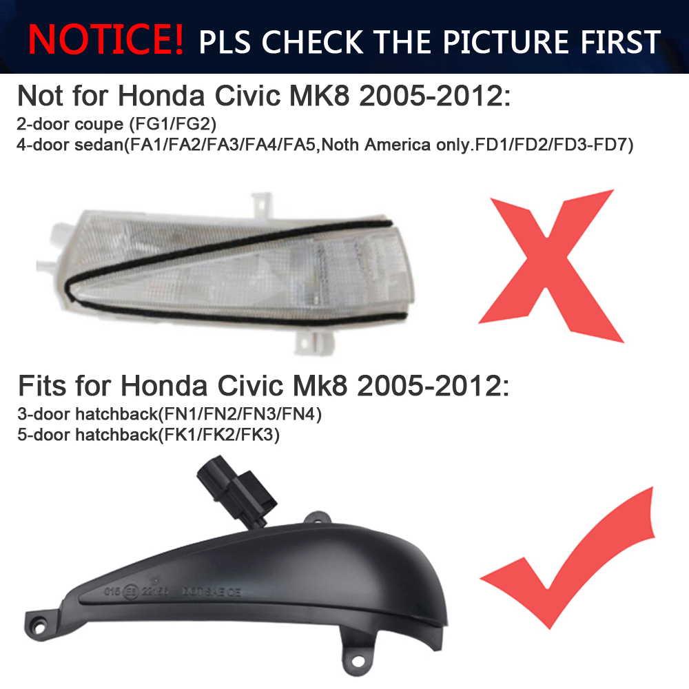 2X Dynamiczny kierunkowskaz LED Lusterko boczne do Hondy Civic 8 MK8 Hatchback 3D 5D 2006 2012 FN2 FN FK