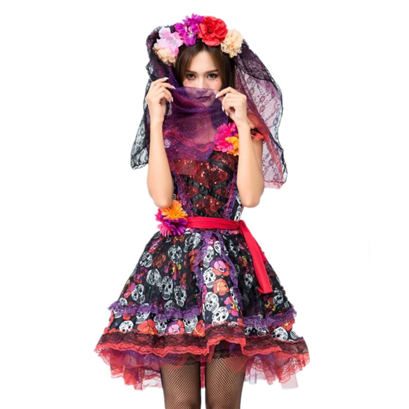 Volwassen Vrouwen Schedel Dia Kostuums Mexicaanse Dag Van De Dode Make-Up Party Flower Fairy Spoken Bruid Jurk
