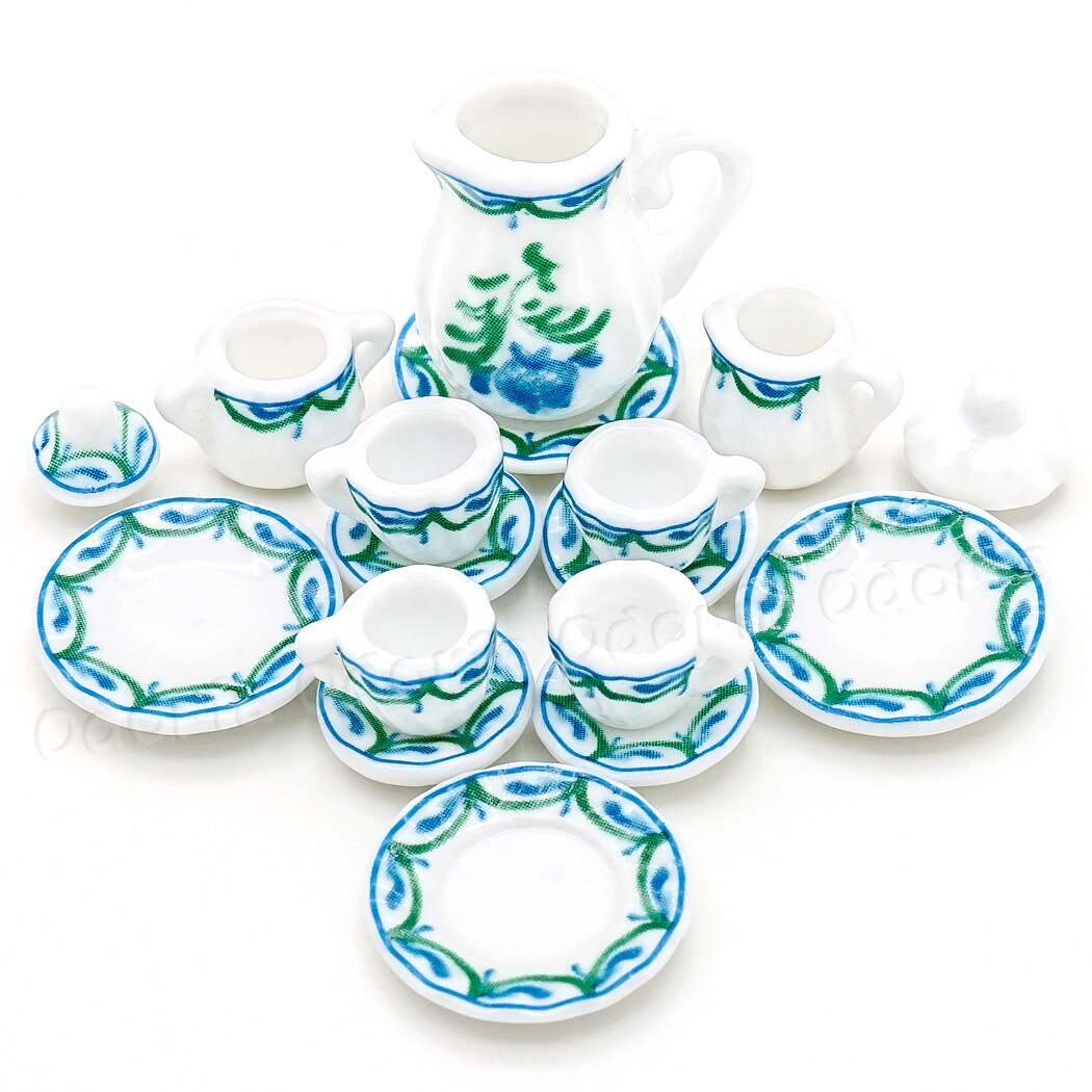 Odoria 1:12 Miniature 15pcs Porcelain Tea Cup Set Chintz Flower Tableware Kitchen Dollhouse Accessories Decor ( 14 Patterns ): Green Flower