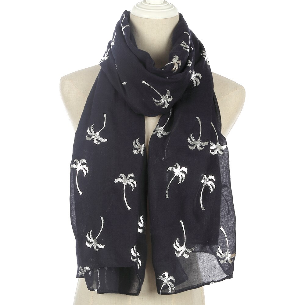 FOXMOTHER Spring Summer White Grey Navy Coconut Tree Shiny Silver Foil Scarf Glitter For Womens