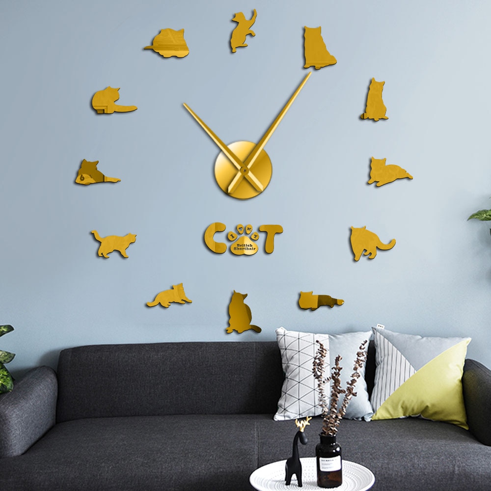 Britisk korthår kat wallsticker dekorativt gør-det-selv stort vægur grå kat rammeløs kat silhuet tal moderne ur ur