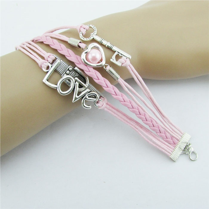 Bracelets pour femme pulseira masculina accessoires charme infini coeur perle amour clé cuir alliage bracelet à breloques rose
