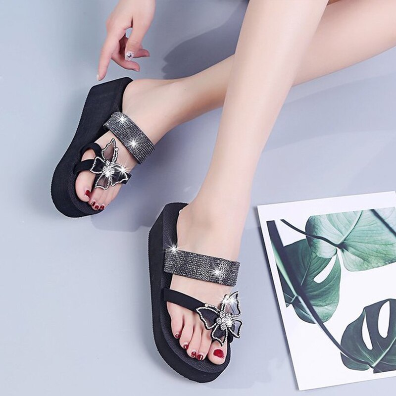 Pantoufles d'été pour femmes, chaussures à plateforme, strass, papillon, nouvelles chaussures à bout ouvert, , confortables, élégantes,