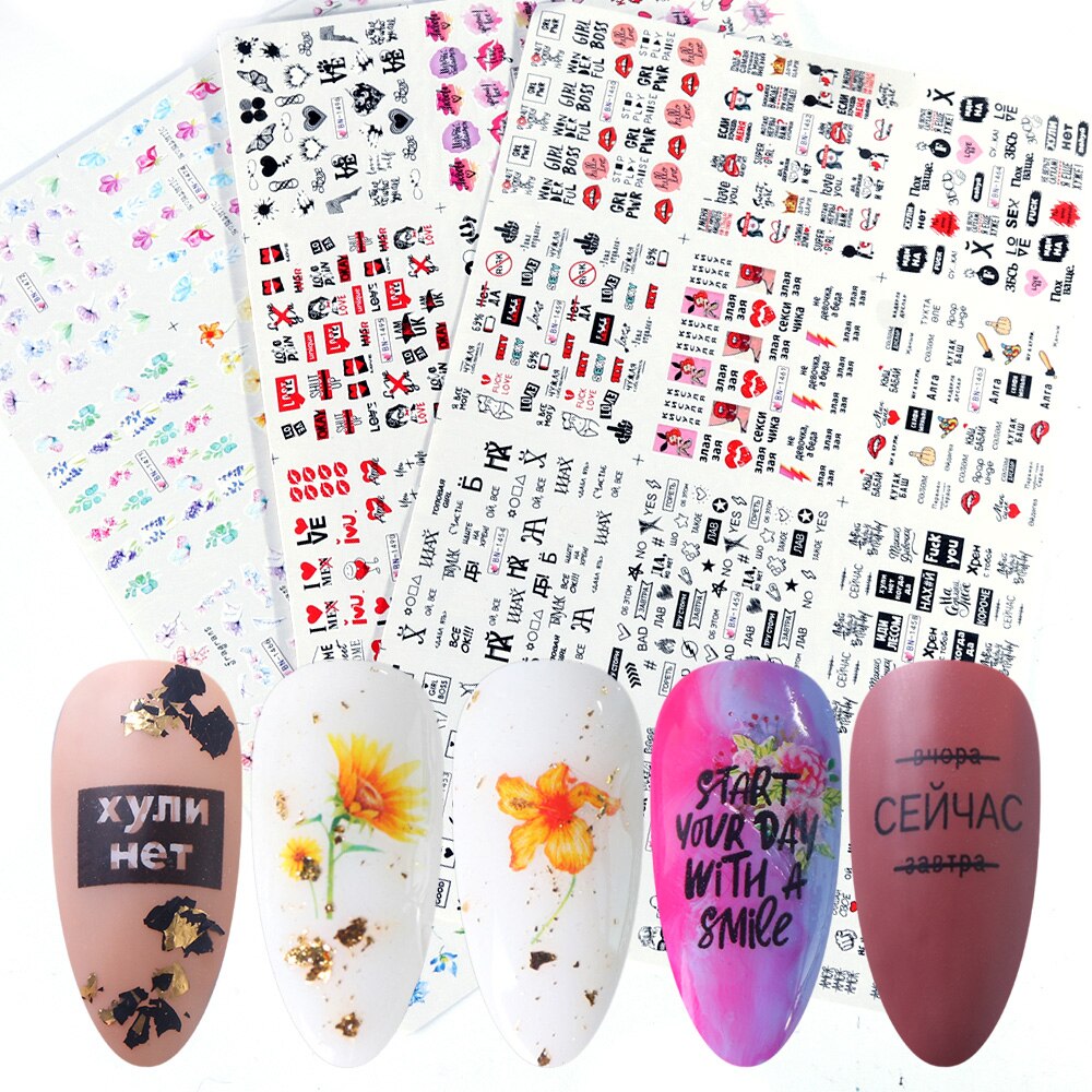 36 Pcs Brief Nail Water Decals Bloem Slechte Gril Russische Woord Nail Art Stickers Voor Nagels Liefde Slider Manicure decor SA1561