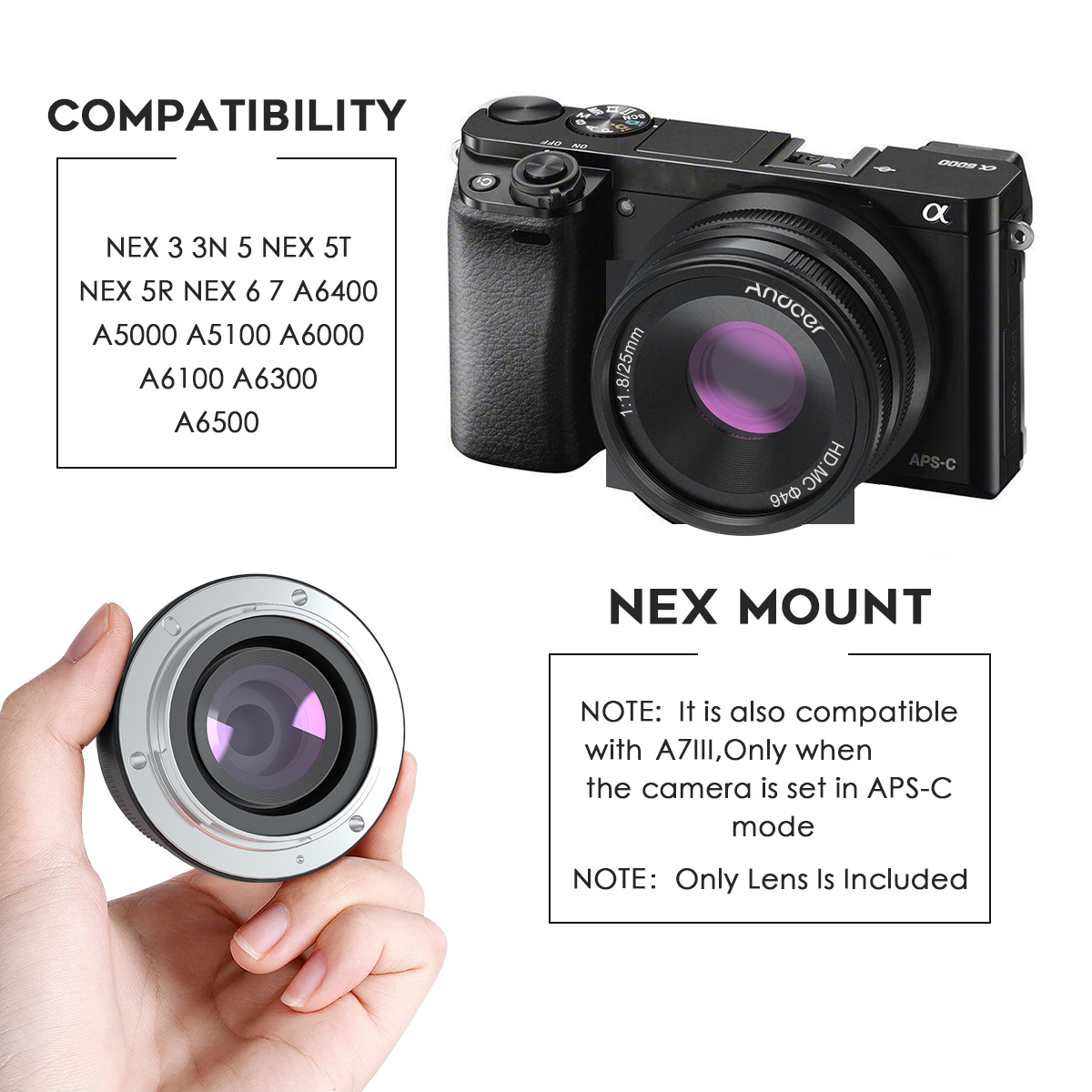 Andoer – objectif de caméra 25mm F1.8 APS-C, mise au point manuelle, grande ouverture, grand Angle, pour Sony E Mount, sans miroir, A7III/A9/NEX 3 3N