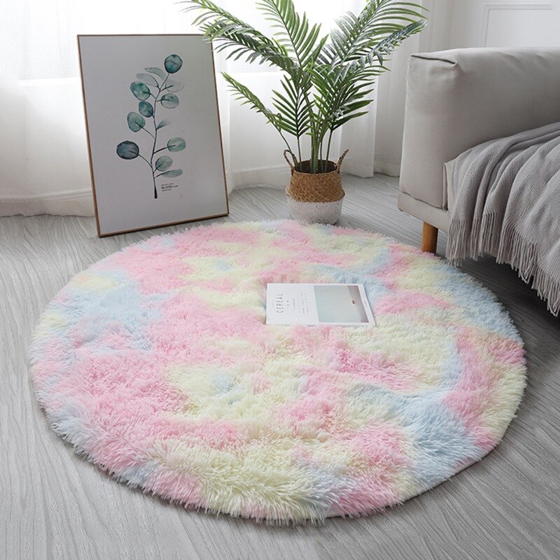 Rundt tæppe regnbue farverig gulvmåtte blødt fluffy tæppe behåret område tæppe til soveværelse stue tæppe lurvet ved siden af måtten