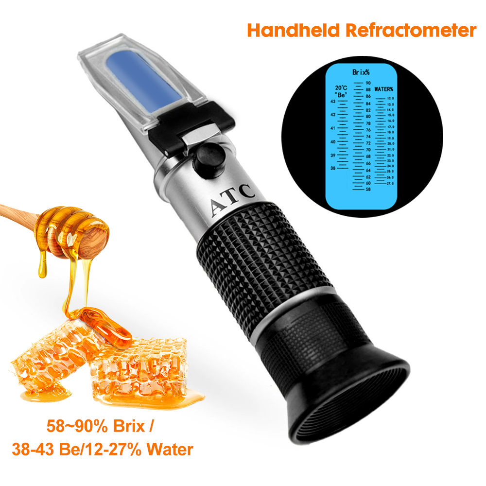 Refractómetro de miel de mano 3 en 1, medidor de refracción de humedad de azúcar para la miel, rango de escala Brix y Baume Brix, 58-90%