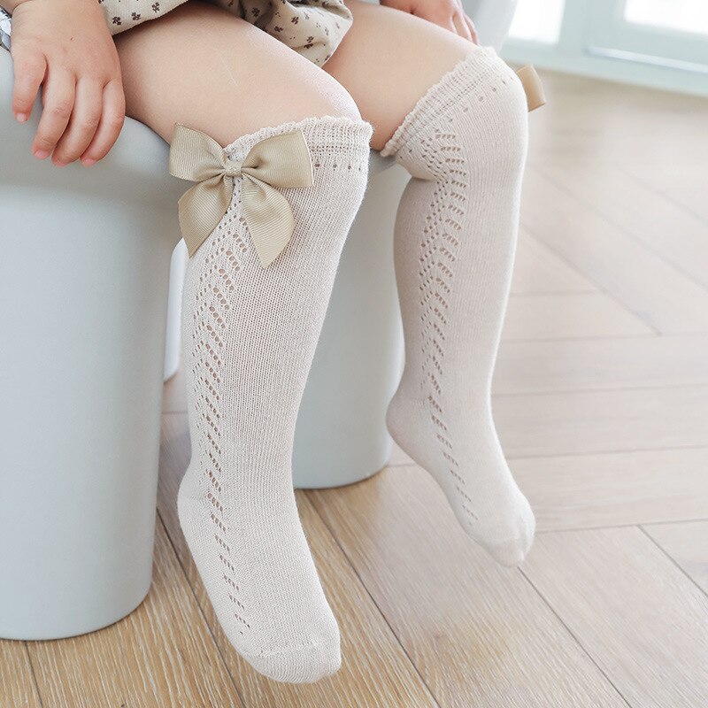 Chaussettes mignonnes pour bébé fille, avec nœud, en maille, pour -né, en coton, de couleur unie, pour enfants de 0 à 3 ans