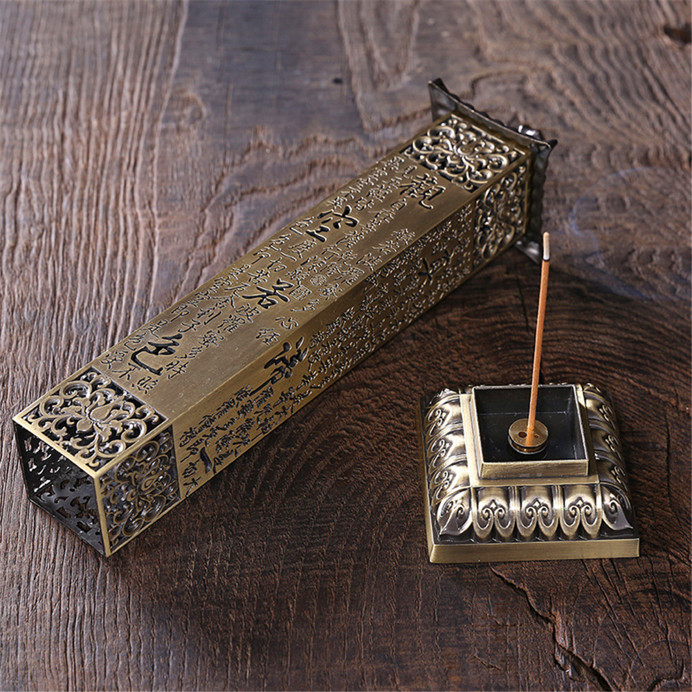 Retro Vertical Incense Burner Buddha Heart Sutra Dragon Phoenix Pillar Metal Incense Stick Home Office Ceremony Decoration