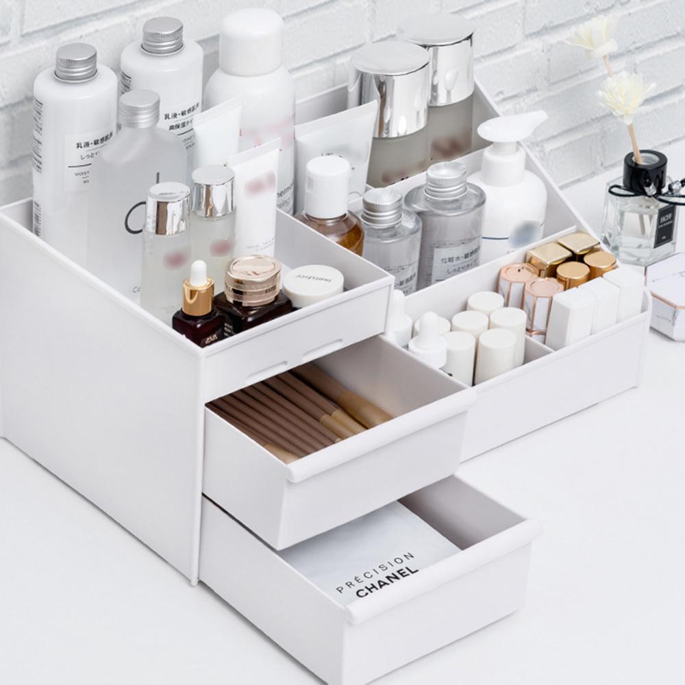 Clear Desk Organizer ith Two Sliding Drawers Plastic Individual Compartments Stationary Cosmetics Organizer Container Holder