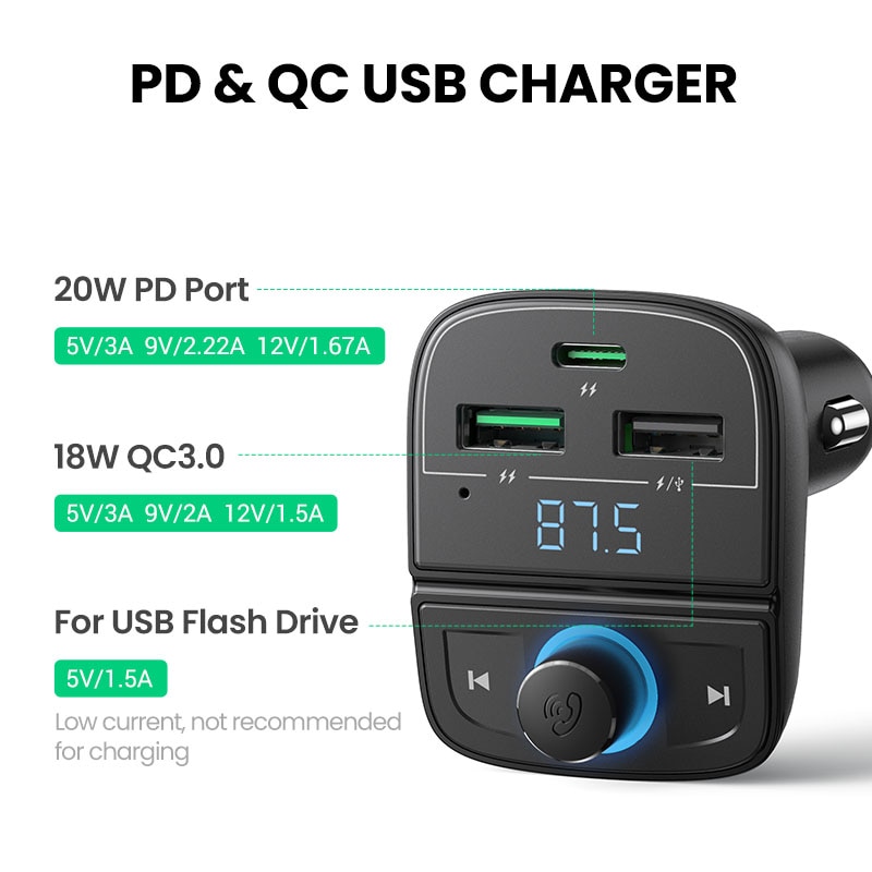 Ugreen bluetooth fm transmitter nabíjačka do auta pre iphone 13 qc 3.0 bluetooth 4.2 bezdrôtový rádiový adaptér dual usb rýchla autonabíjačka