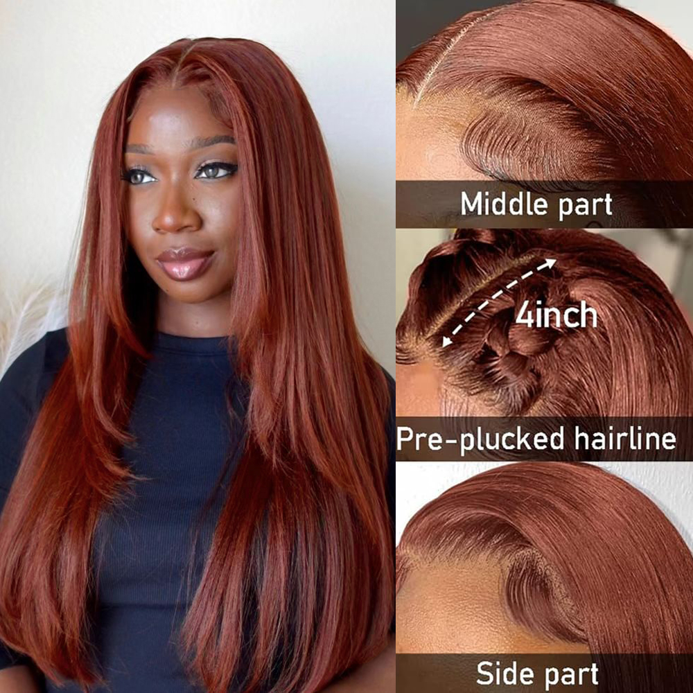Pelucas delanteras de encaje con corte en capas de color rojo cobrizo, peluca Frontal de encaje recto marrón rojizo, pelucas sin pegamento en capas, corte de pelo sintético de mariposa