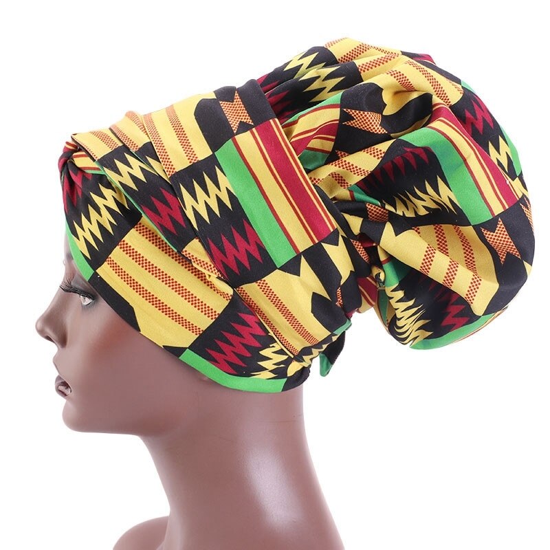 Gorros africanos para el pelo para mujer, gorro de satén con estampado, Cinta Larga de doble capa, con patrón, talla grande, 1 unidad, 38cm