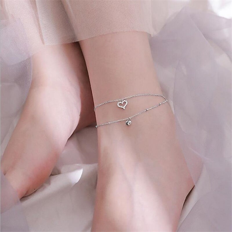 Exquisite Zircon Heart Double Layer Anklets Girl Jewelry Silver 925 Anklets Female Princess Foot Accessories Christmas