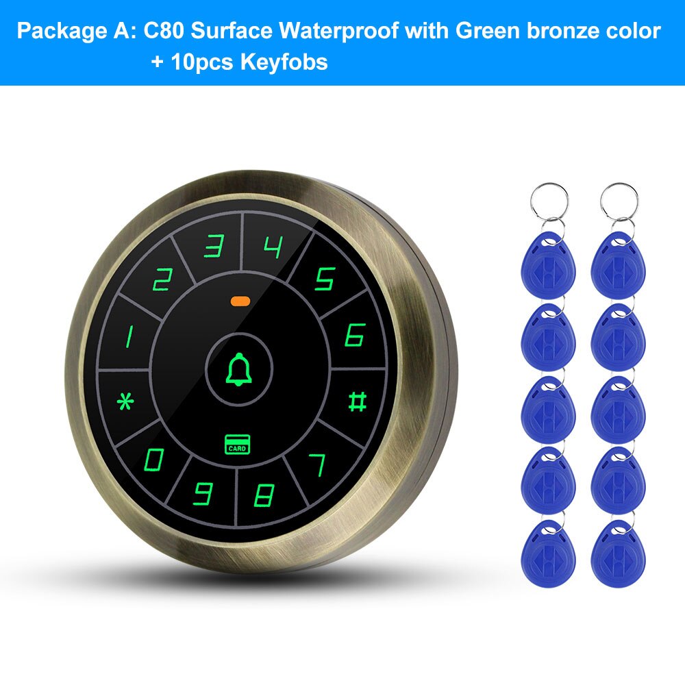125KHz Access Control Keypad RFID Keyboard Touch Metal Waterproof Access Controller Wiegand 26/34 for Door Access Control System: C80 Green Not IP65