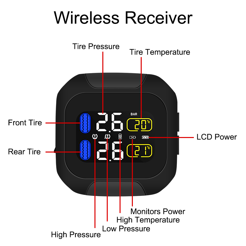 Sistema de monitoramento de pressão dos pneus de moto tpms, carregador usb, alarme de temperatura do pneu 2 sensores internos externos th/wi