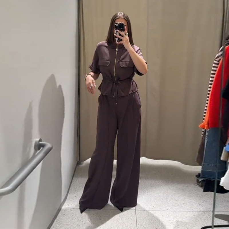 Set Woman 2 Pieces Short Sleeve Stand Zippers Lace Up Tops Loose Straight-leg Pants Summer Female Casual Outfits