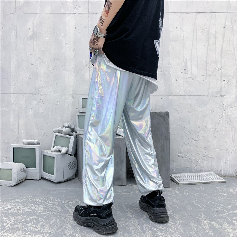 M-XXL moda solta ajuste calças punk estilo prata couro streetwear dança clube noturno gótico legal hip hop calças para homem xxl