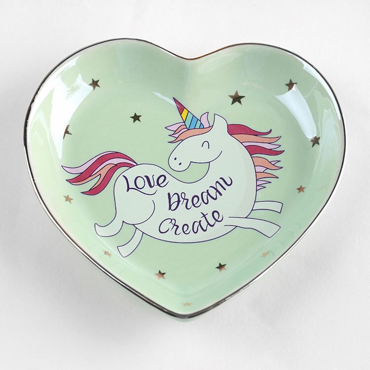 Unicórnio Dos Desenhos Animados Coração-em forma de taças de cerâmica placas de sorvete Decoração Artesanato Jóias prato Lanche prato Lanche bandeja de armazenamento de doces: Green A