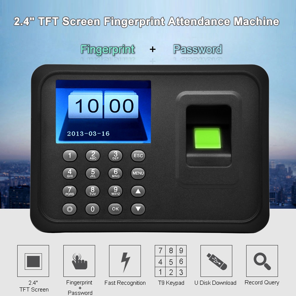 2.4 "tft lcd-scherm usb biometrische vingerafdruk aanwezigheidsmachine  dc 5v/1a tijdklokrecorder medewerker inchecklezer  a6