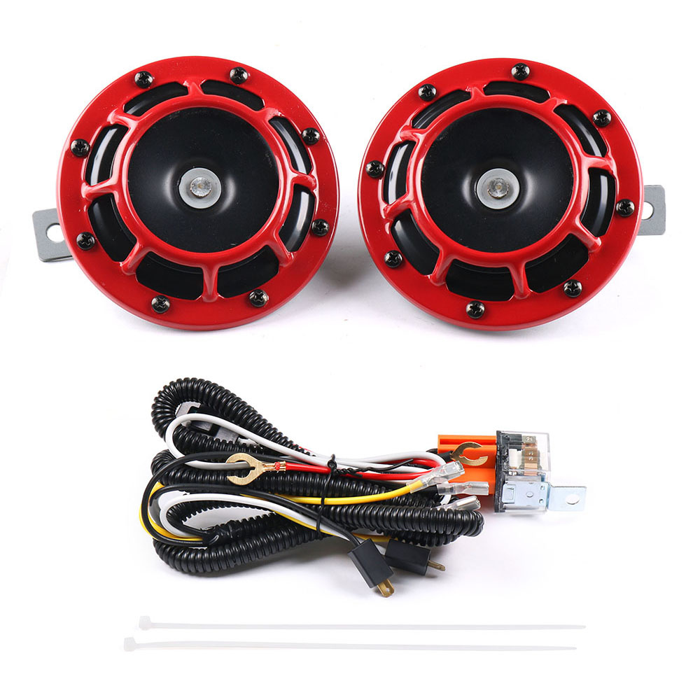 1 Pair Hella Super Loud Compact Electric Blast Tone Air Horn 12V 115DB With Wiring Harness Relay Kit For Motorcycle Car: Red