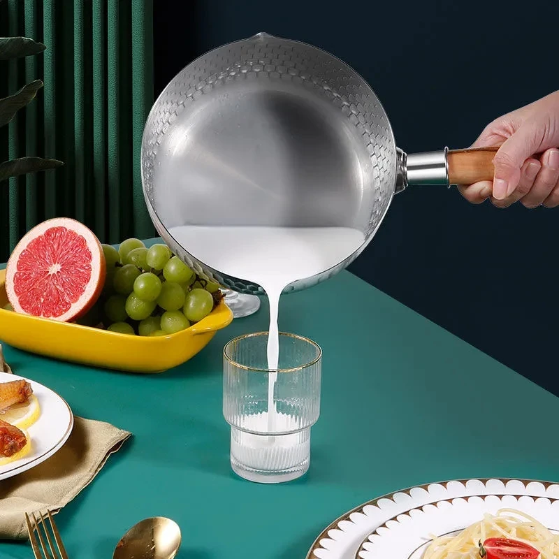 430 Stainless steel pan Japanese Snow Pan Wooden Handle Stew Pots Fry Wok Saucepan Milk Pot Kitchen Utensils Practical Cookware