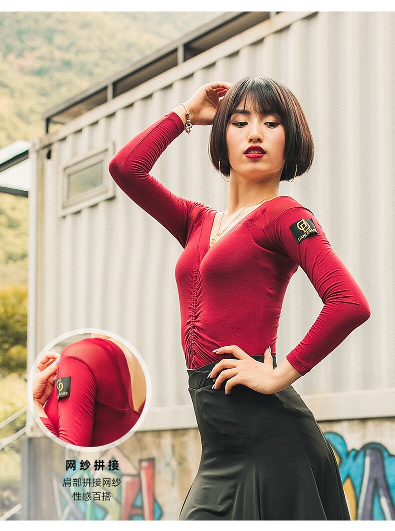 Chemise de danse Standard à manches longues, haut Latin noir et rouge, confortable à porter pour la pratique de la danse, pour salle de bal latine haut de danse, L2861: M