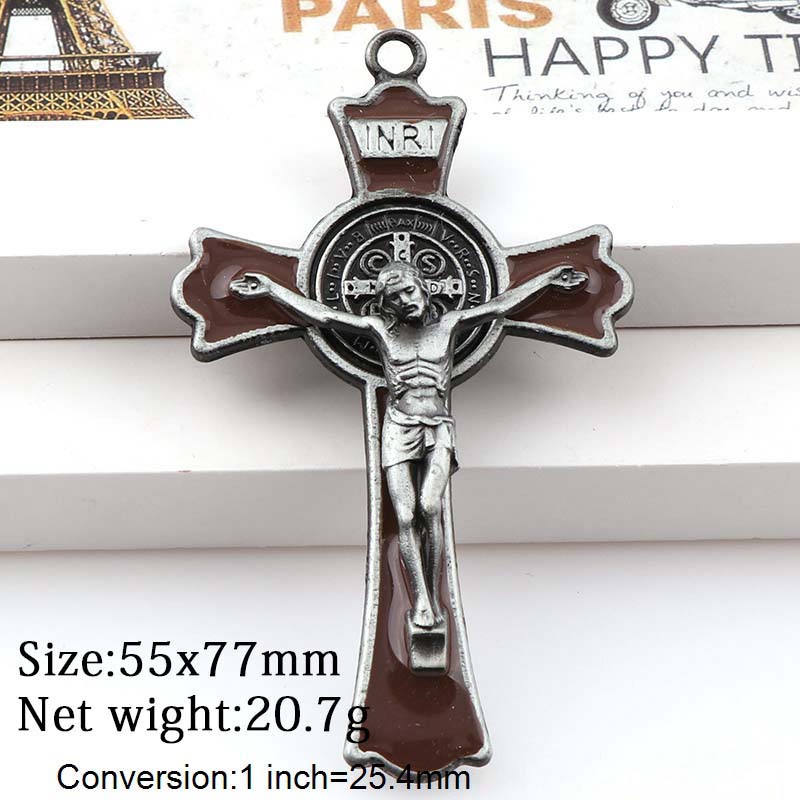 Kleurrijke Enamel Jesus Kruisbeeld Dubbele Gelijkspel Kruisen Charms INRI Benedictus Crucifix Hangers Voor Hangers Ketting: BROWN