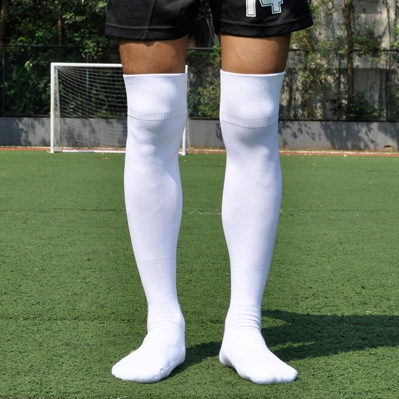 Calcetines largos de fútbol para adultos, medias deportivas con fondo de toalla gruesa, antideslizantes, para entrenamiento de sudor: White