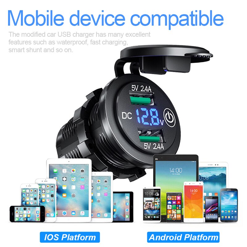 Dubbla usb  qc3.0 billaddare uttag med touch-omkopplare vattentät dammtät lock led 12v biluttag för telefon surfplatta kamera gps dvr