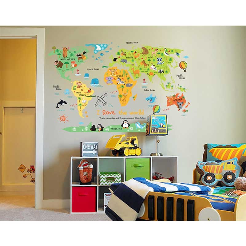 Cartoon Safari Animals World Map Nursery Wall Stickers for Kids Room Decoration Letters Global Maps WXV