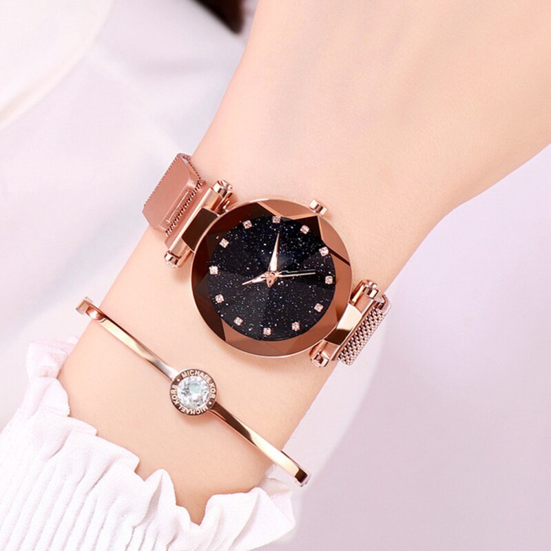 Luxe merk dameshorloge met diamanten wijzerplaat, dameshorloge met magnetische stalen armband en sterren, waterdicht horloge