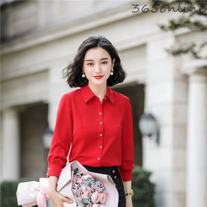 Red Uniform Styles Long Sleeve Blouses and Shirts for Women Business Work Wear Spring Autumn OL Blouse Clothes Tops