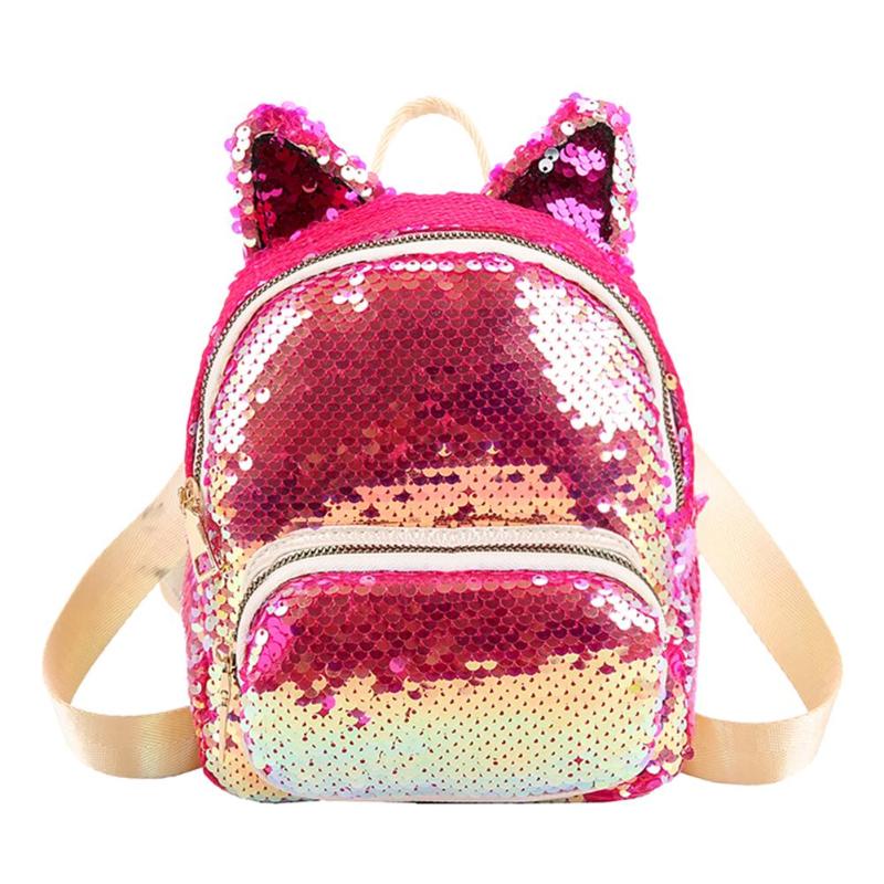 Mochila de lentejuelas con orejas de gato para chicas, bolso escolar de viaje, con cremallera: pink