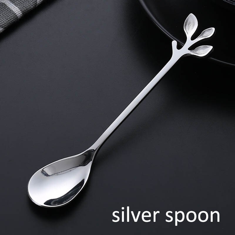 Cuchara de café pequeña de estilo real, vajilla de , vajilla de cocina de acero inoxidable Vintage, minitenedor para postre, exquisita forma de rama: silver spoon