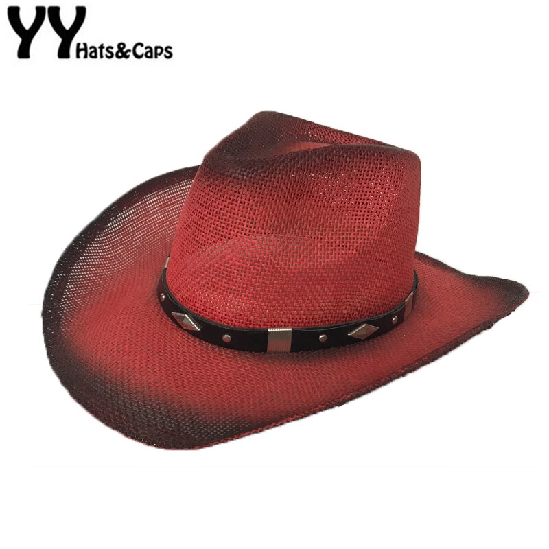 YY Red Cowboy Cap With Wide Brim Men Summer Passionate Sunhats Women Punk Jazz Hat Hollow Breathable Beach Cap CM19015