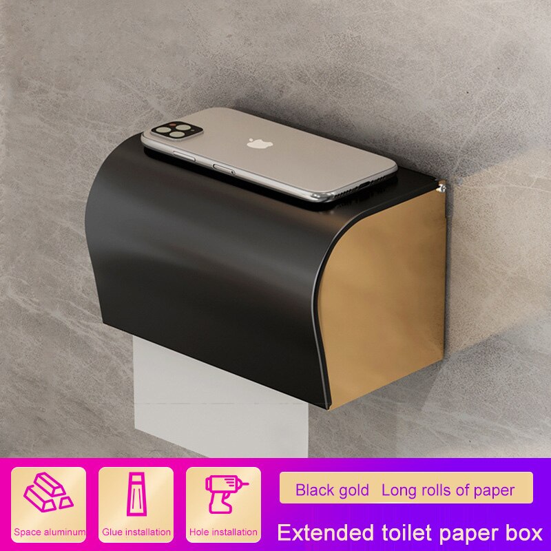 Toilet Paper Holders Wall Mounted Toilet Paper Box Non Perforated Black Paper Roll Paper Towel Rack Toilet Waterproof Household: Black gold B