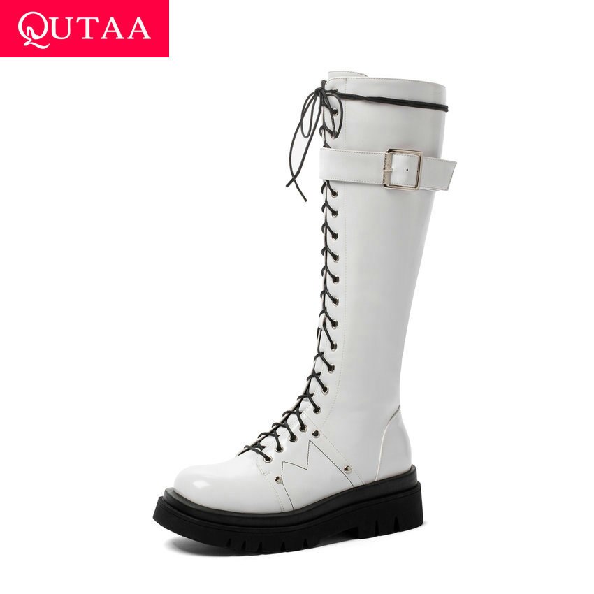 Qutaa lakleren pu kniehoge laarzen met gesp, vetersluiting, rits, vierkante hak, herfst/winter, ronde neus, damesschoenen, maat 34-43
