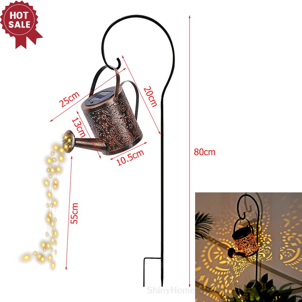 Solar Watering Can Waterfall Lights Garden Outdoor Art Lamps Hollow-out Iron Shower LED String Lights Decoracion Jardin Exterior: With Bracket(C)