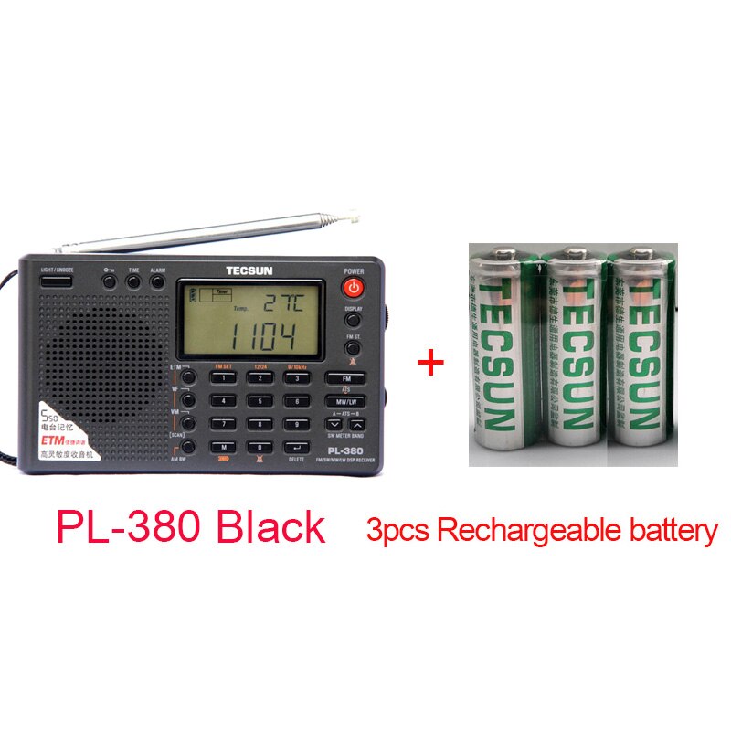 Tecsun pl -380 pl380 radio digital pll bærbar radio fm stereo / lw / sw / mw dsp modtager radio: Sort og batteri