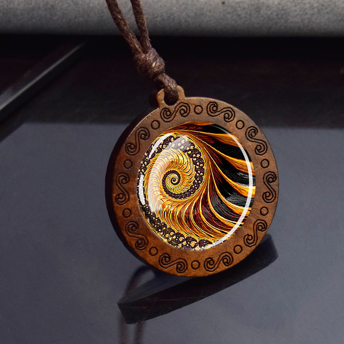 Sri Yantra Mandala Glas Halskette Holz Anhänger buddhistische heilige Geometrie Schmuck spirituelle Yoga: dunkel Gold