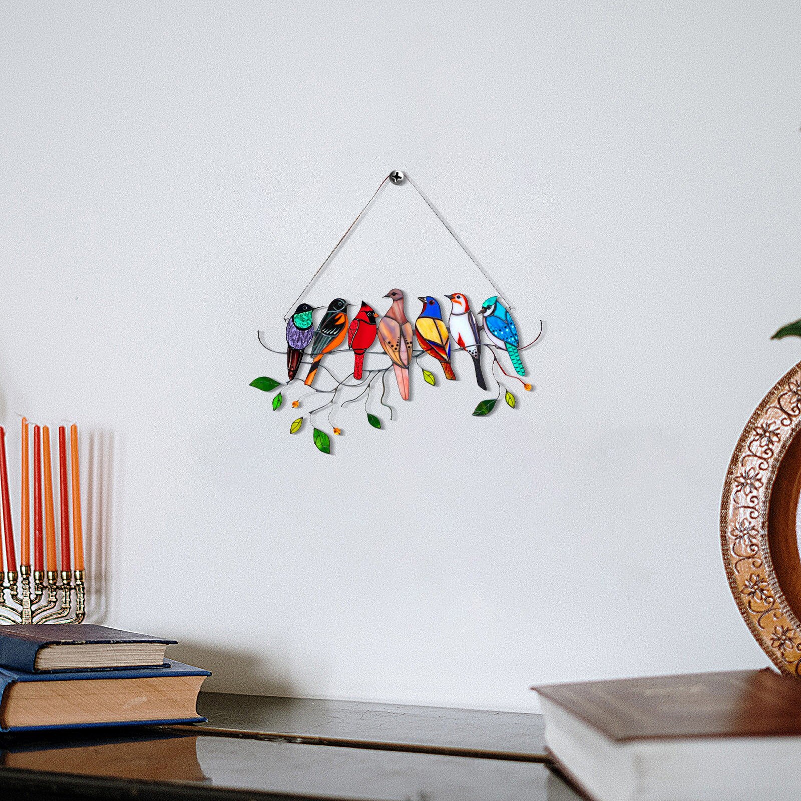 Multicolor Birds On A Wire High Stained Glass Suncatcher Window Panel Series Ornaments Pendant Home Decoration Hanging For Doors