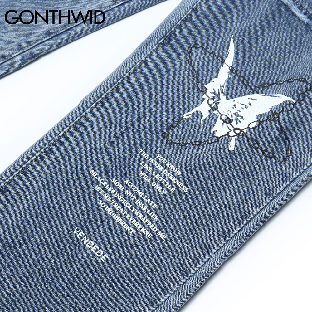 GONTHWID Denim Hosen Kette Rose Schmetterling drucken ausgebeult Jeans Streetwear Herren Hüfte hüpfen Harajuku lässig verlieren Schlauch Schwarz