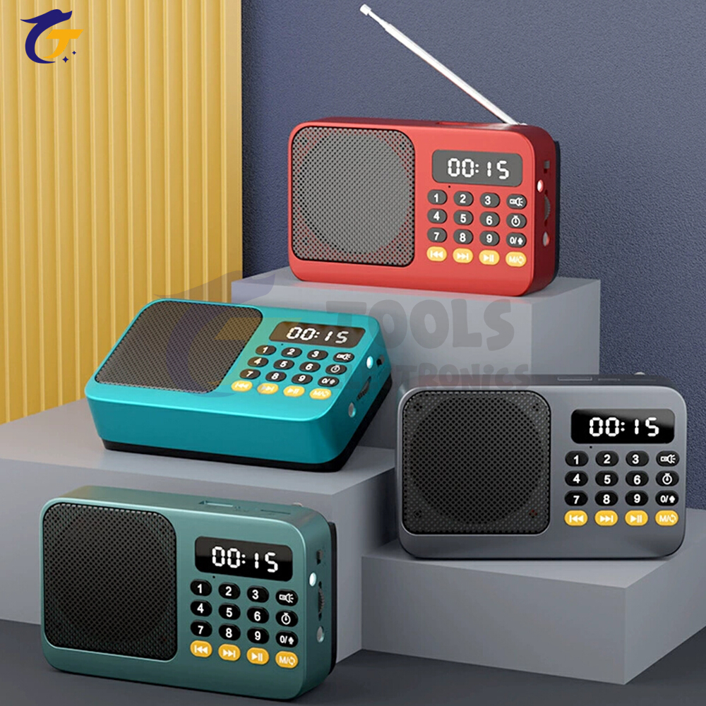 Kompakt handhållen bärbar radio, uppladdningsbar fm, tf, usb, bt, musikspelare med lcd-skärm, 3.5mm uttag och ficklampa