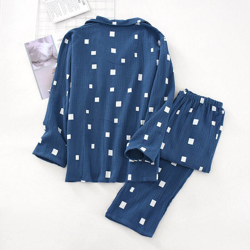 Spring Men's Gauze Cotton Pajamas Set Simple Style Turn-Down Collar Sleepwear Set Full Sleeve Clothes+Pants 2Pcs Homewear