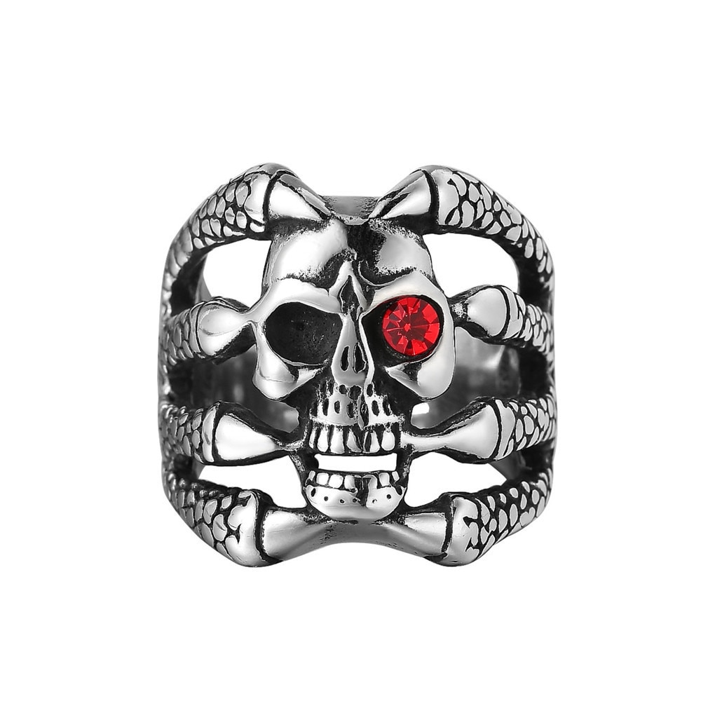 Us 7-12 Size Persoonlijkheid Retro Ghost Claw Red Eye Skull Heren Zilver Kleur Rvs ring